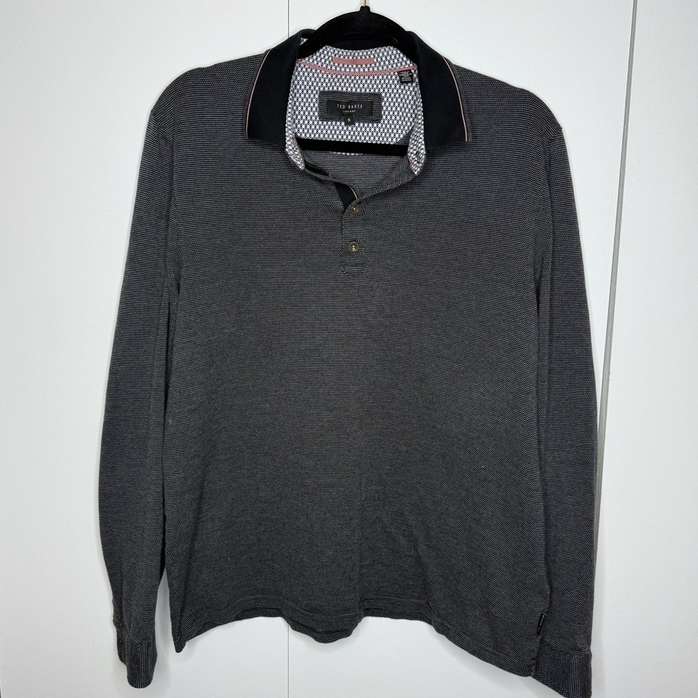 Ted Baker grey and white textured Polo Long Sleeve Shirt size XL